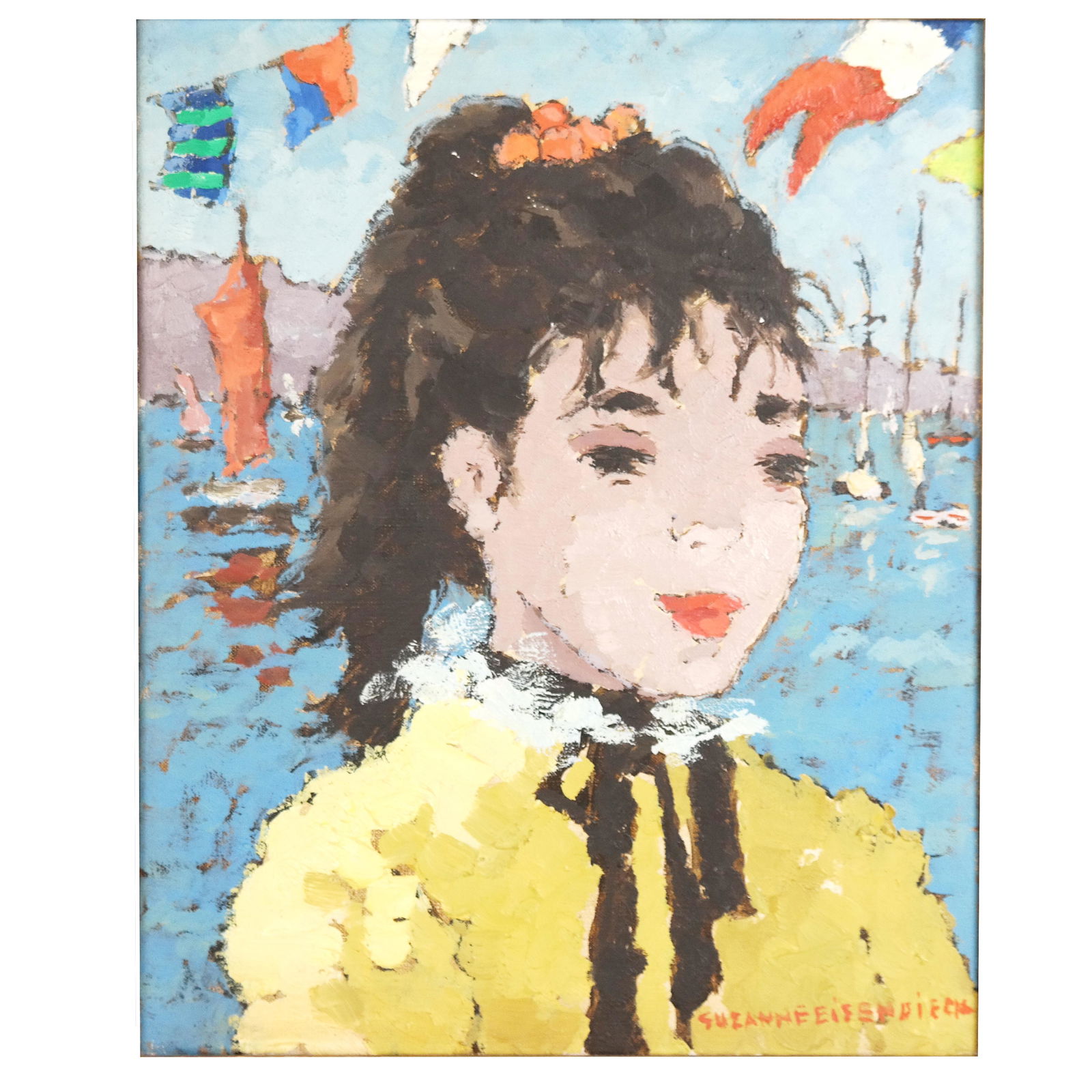 Suzanne EISENDIECK: "Leport D'issameres" - O/C: Suzanne Eisendieck (French/German, 1908-1998) oil on canvas portrait of a young woman with harbor view, titled "Leport D'issameres"; signed lower right and titled to verso. Provenance: From the Estate