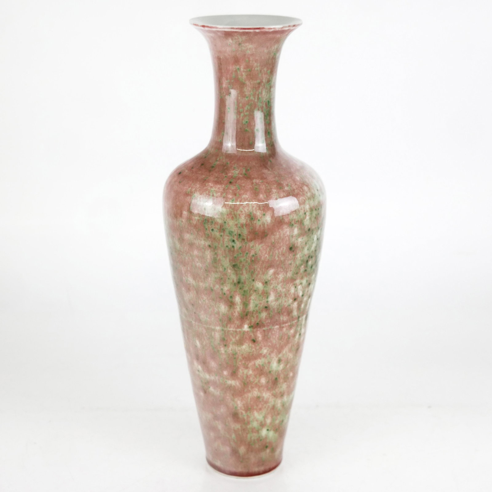 Chinese Glazed Porcelain Vase: Chinese glazed porcelain vase of baluster-form, with a pink ground with green and white mottling; blue six character mark to base. [13 3/4" H x 5 1/4" Diam.]. Minor wear.