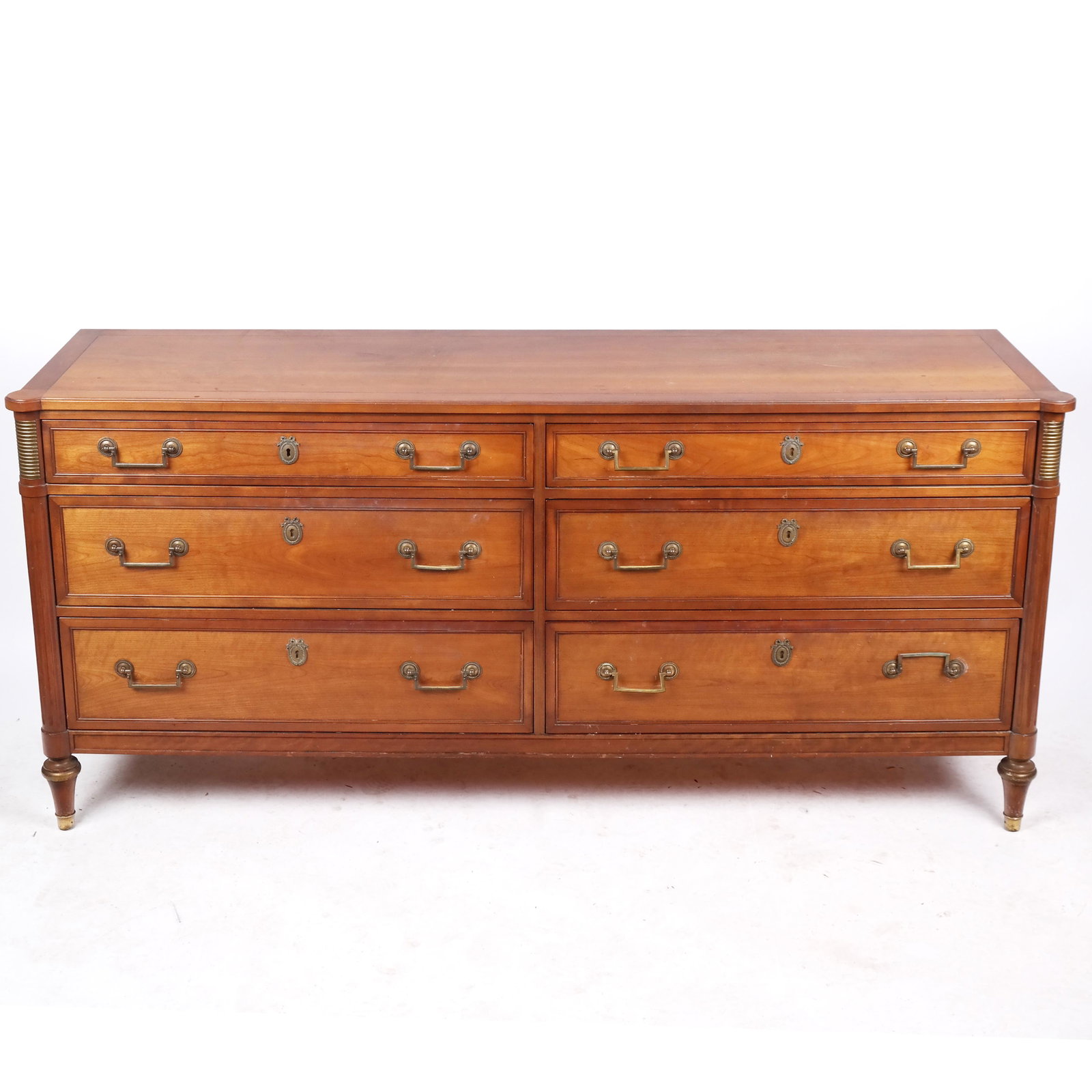 Louis XVI-Style Sideboard / Chest: Louis XVI-style sideboard / chest, the dresser with six drawers between fluted column details. [32" H x 70" W x 19 1/2" D]. Scratches, marks, wear.