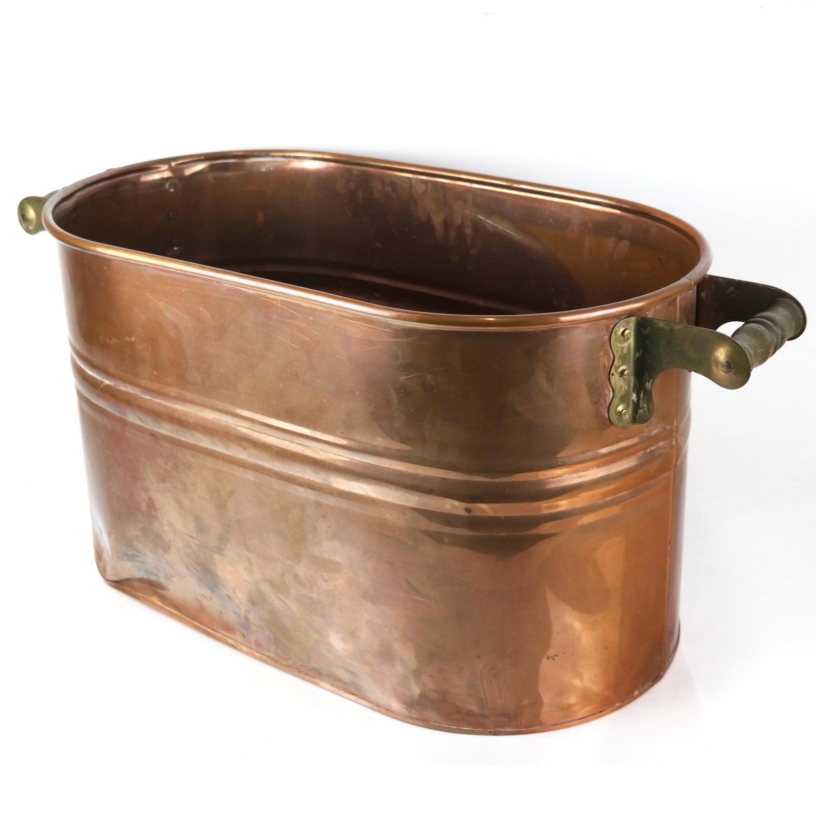 Copper Wine Cooler / Bucket: Copper wine cooler/bucket with two wooden handles. [13 1/4" H x 28" W x 12 1/2" D]. Dents, oxidation, wear.