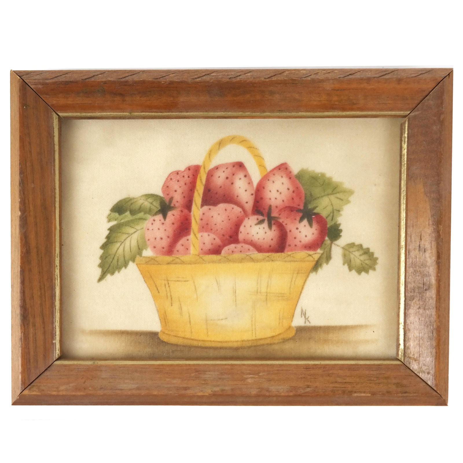 American Folk Art Still Life: American folk art primitive painting on fabric of strawberries in a basket; signed and dated to reverse "Nancy Knudsen 1980". [Frame: 6 1/2" H x 8 1/2" W].