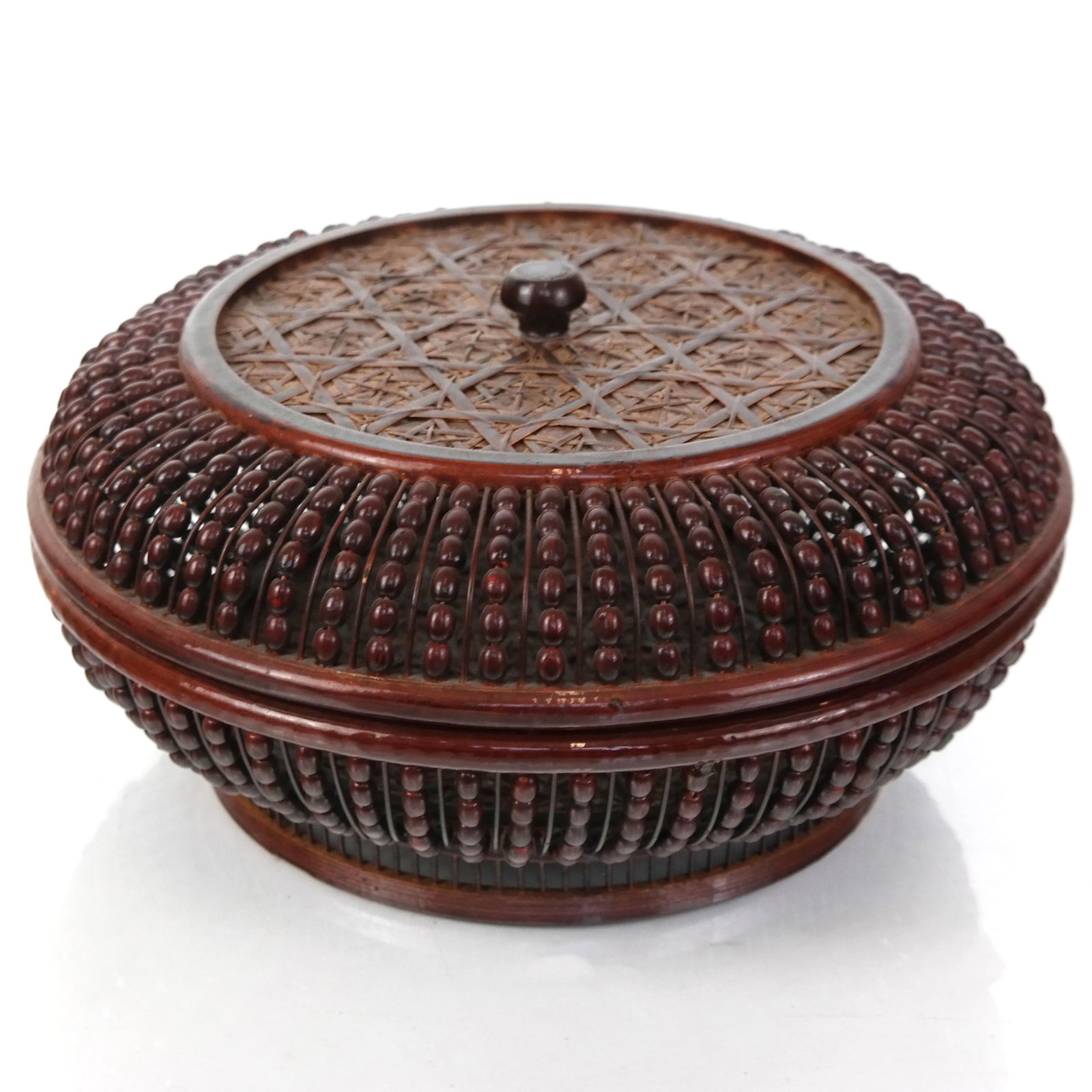 Woven & Beaded Serving Bowl & Cover: Woven and beaded serving bowl and cover in ochre lacquer. [10 1/2" H x 5 1/2" W]. In good condition.