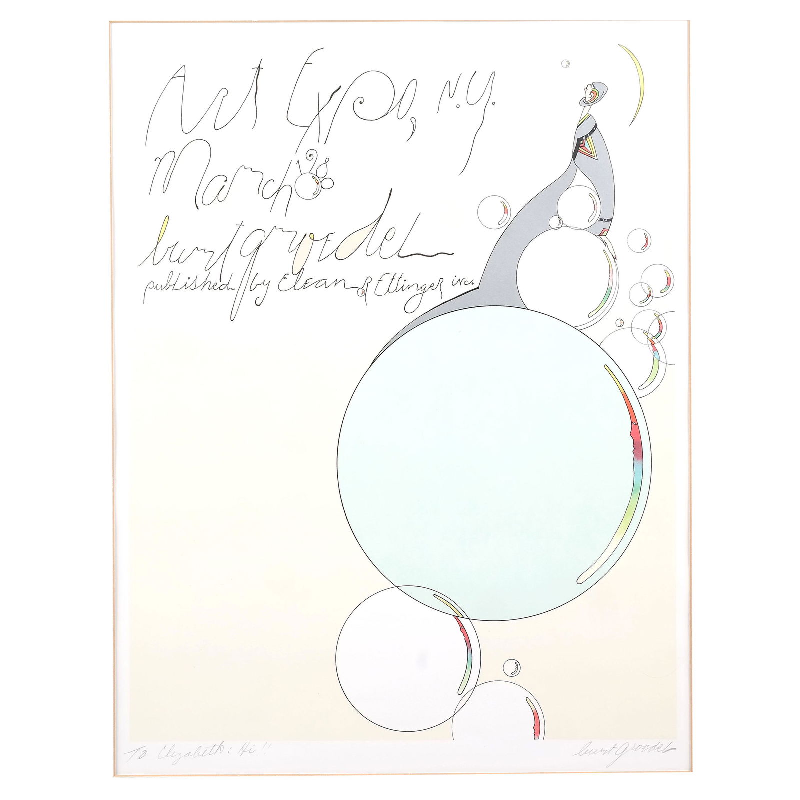 Burt GROEDEL: Art Expo NY - Print: Burt Groedel (American, b. 1937) framed (no glass) print, "Art Expo, NY" 1980, signed in pencil lower right. [Art: 24" H x 18" W; Frame: 33" H x 26" W]. Almost punctures, fading.