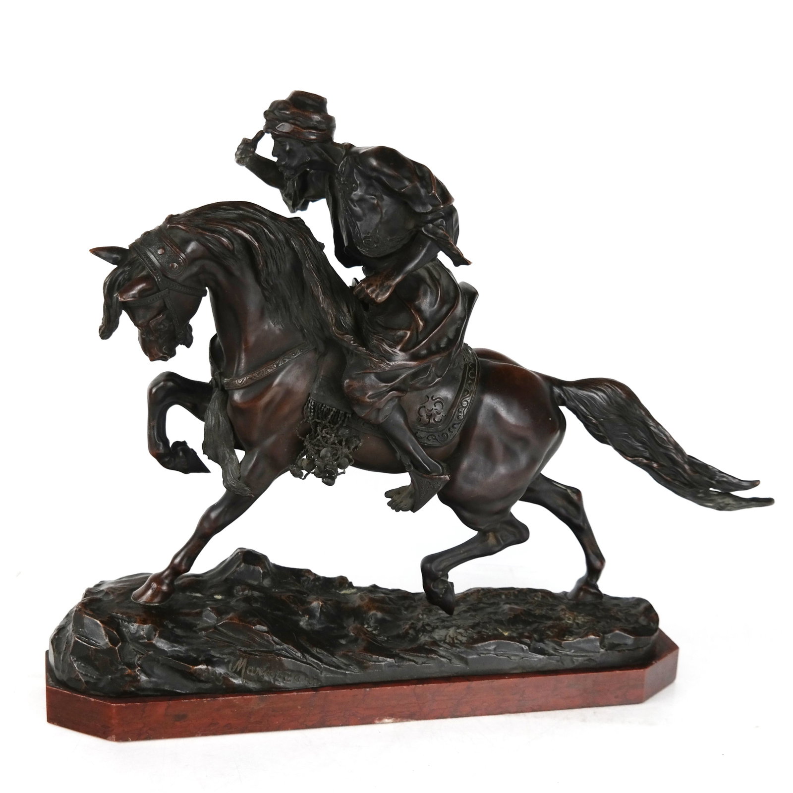 Count MARAZZANI-VISCONTI: Bronze Hunter Stallion: Count Agostino Marazzani-Visconti (Italian, 1853 -1914) cast Orientalist bronze group of an Arab stallion and Moor hunter looking to the distance; dated 1895, foundry mark of Aktien Gladenbeck, signed