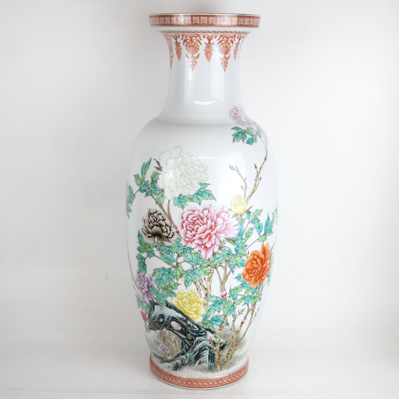 Tall Chinese Enamel Decorated Vase: Tall Chinese enamel decorated vase with patterned rim, chrysanthemum blossoms with calligraphy on one side; signed on bottom. [24 1/2" H x 10" Diam.]. Age crack on bottom.