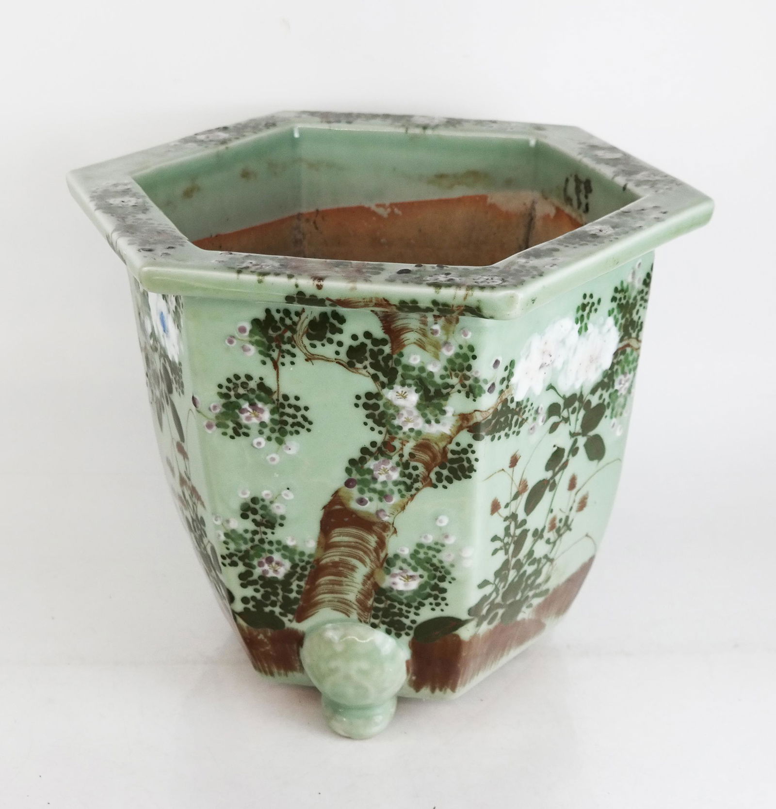 Asian Celadon Hexagonal Jardiniere: Asian celadon hexagonal jardiniere/planter. [11 1/2" H x 14" Diam.].