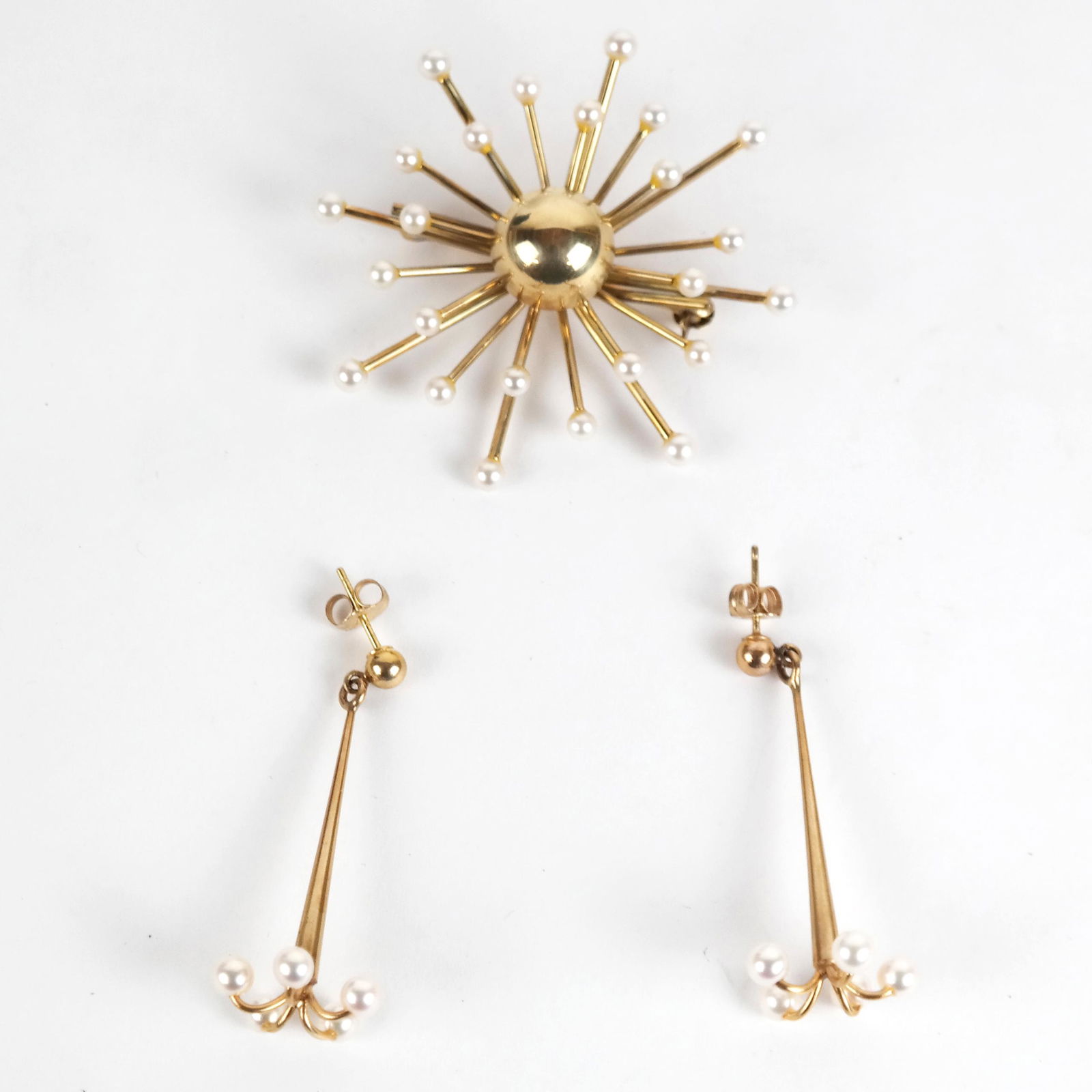 14K Yellow Gold Sputnik Pearl Pin & Earrings (1 of 7)