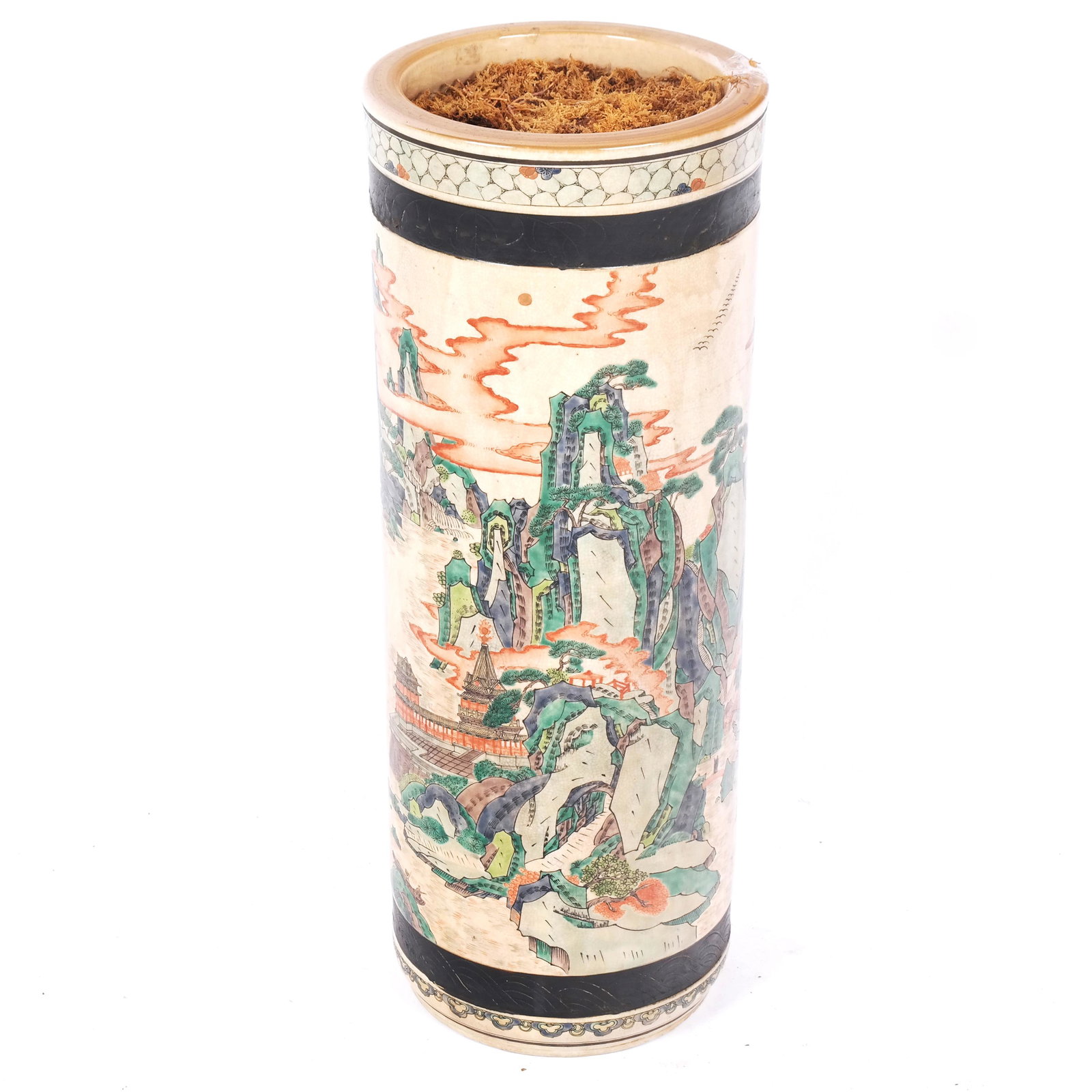 Chinese Famille Vert Umbrella Stand: Vintage Chinese famille vert umbrella stand, with landscape decoration and brown band borders. [24" H x 9" W x 9" D]. In good condition. Crazing of age, no damages or chips.