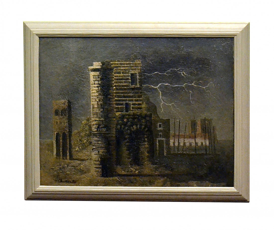 Eugene Berman Early Oil on Canvas: Landscape with architectural ruins signed lower left and on verso with title "L'Orage sur le Mer" Paris, 1928. Canvas: 29" x 36". Frame: 34.5" x 42". Provenance: Doyle, Catalog #1082, Lot #201a