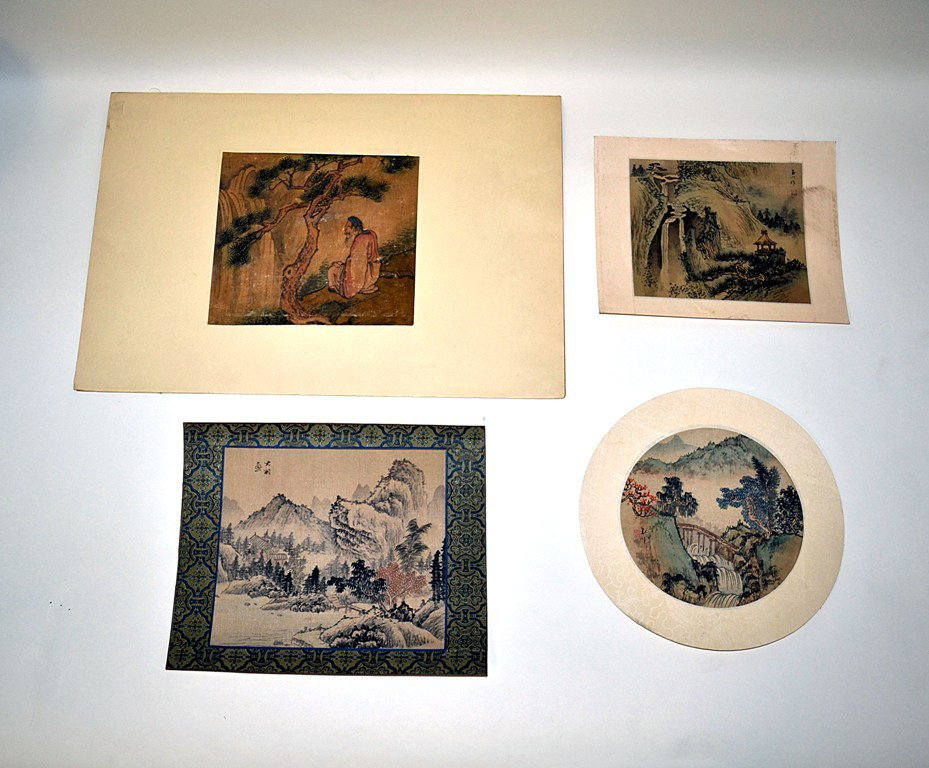 Japanese Buddhist Watercolor on Silk: Group of four antique and vintage Japanese watercolors on silk depicting various mountain top Buddhist retreat scenes with a scholar, temple structures, bridges, and waterfalls. Sizes from 6" x 7 1/8"