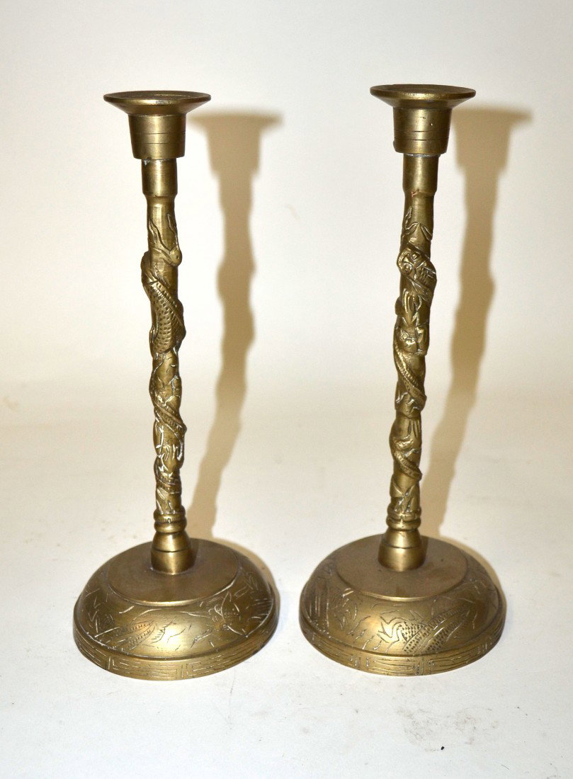 Pair of Chinese Candlesticks: Pair of antique snake form brass Chinese candlesticks. Good condition. 10.5" H.