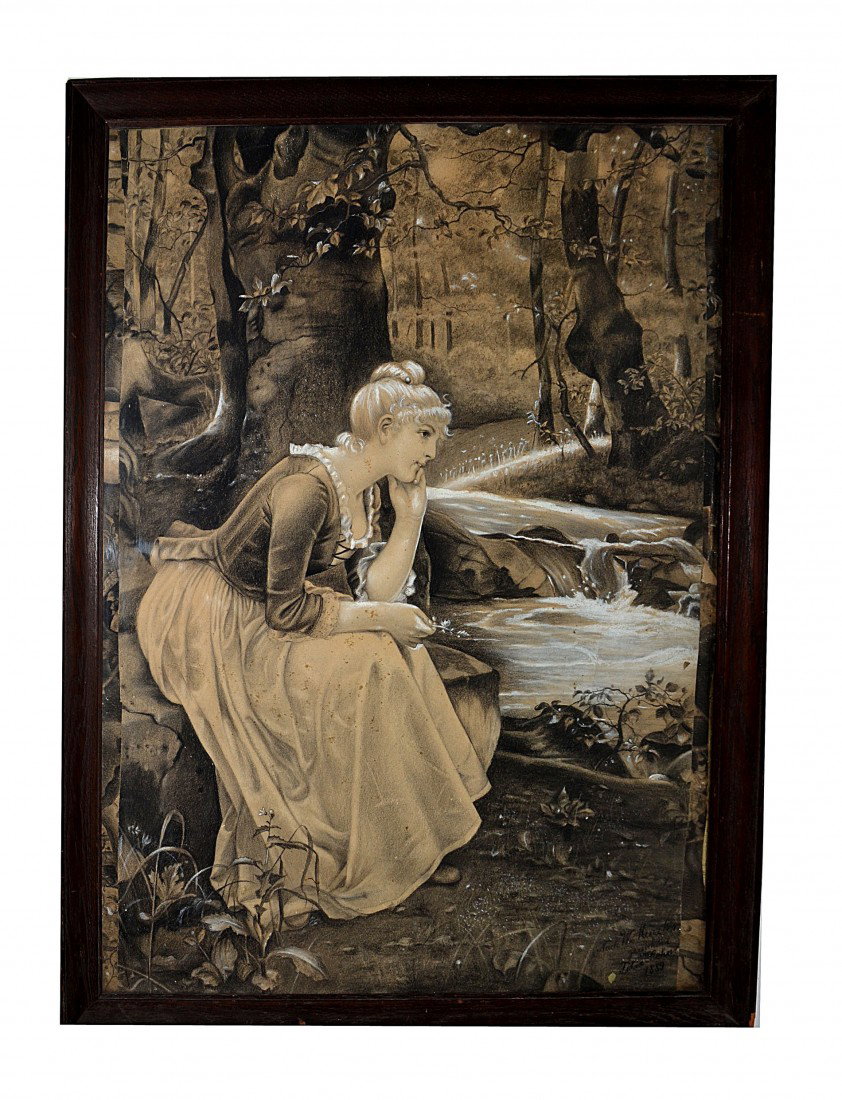 W. Henzler, Pastel, Young Girl: Woman seated by a broom, signed lower right "W. Henzler for Von Felix Cohn, 1889". Framed and matted under glass. 26.5"