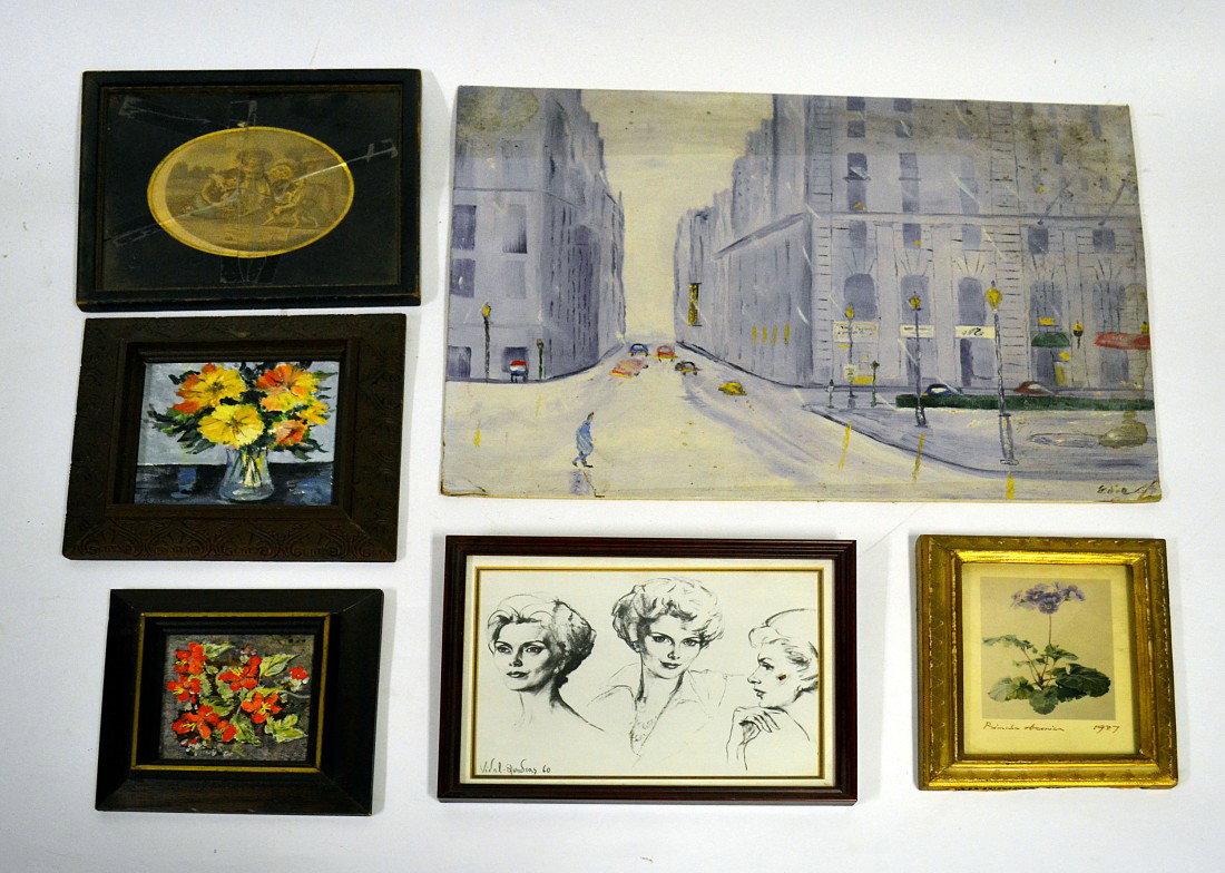 Box Lot, Prints, Watercolors & Oils: Including: Picasso print, Edie oil, J. Paddock watercolor, a pair of oils of the Manhattan skyline and swans by the seashore (E. Hay), abstract, etc. Largest: 22" x 17.5".