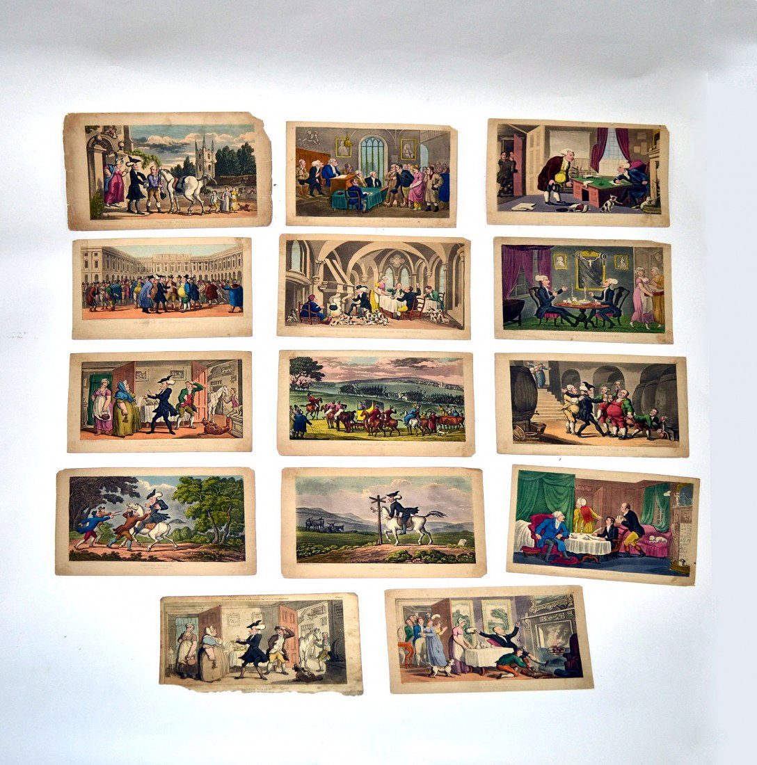 Group of Prints: Group of 14 color prints-Rowlandson, John Willis (5.5" x 8.75"). "The Sorrows of Boney," Geo Frey (7.5" x 9"), "Le Consommateur", and another. 17 pieces. Losses.