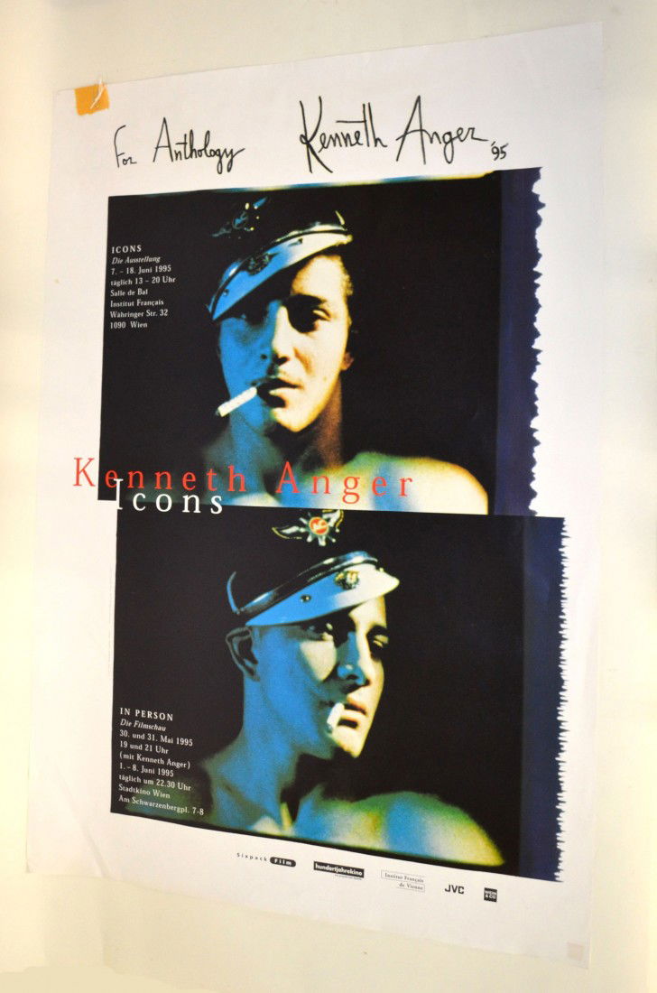 Kenneth Anger "Icons" Film Poster: Film poster for Kenneth Anger/Icons signed in wide top margin "For Anthology, Kenneth Anger '95". 38.5" x 26.75". Minor creases and pin holes in corners, otherwise in very good condition.