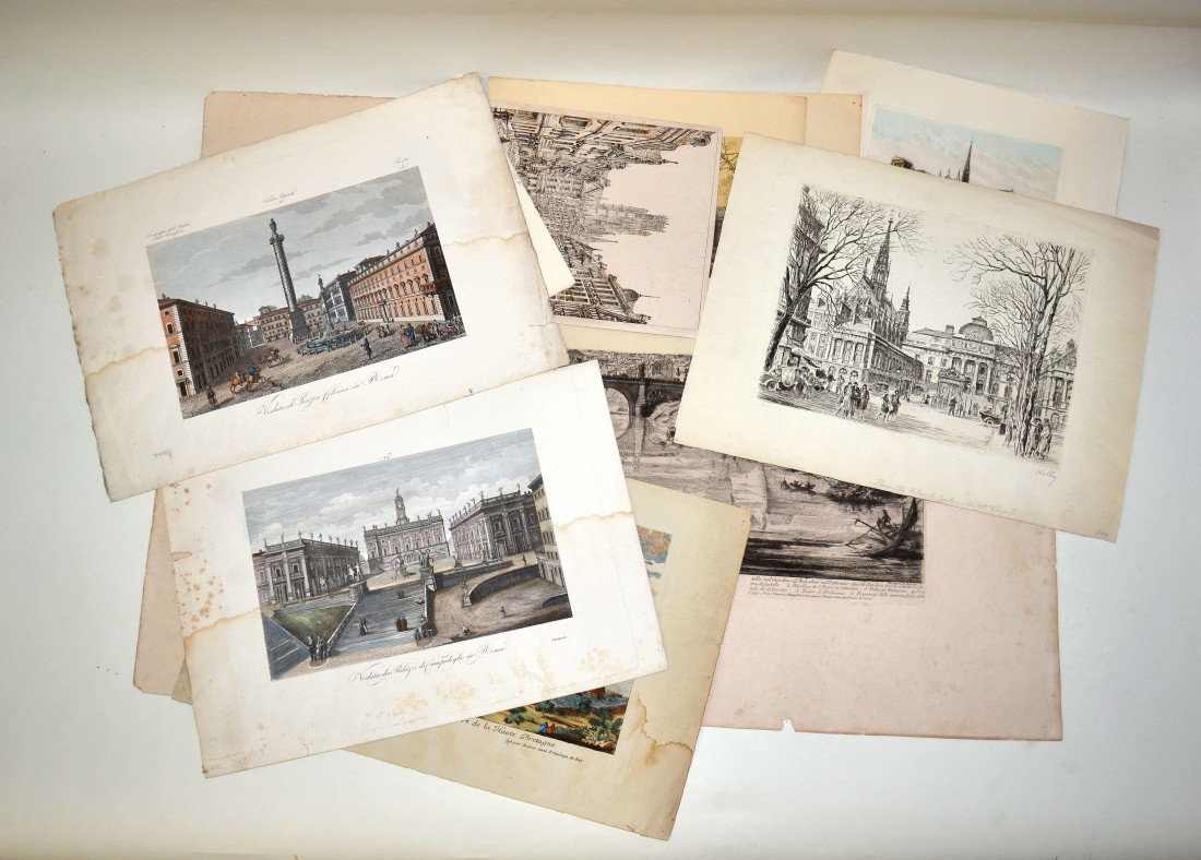Prints: European City Views & Others: Group of 11 18th through 20th C. engraved and etched city views (mostly Paris & Rome). Includes depictions of Vatican City and Notre Dame. Images: 6" x 8" to 15" x 23". Sheets 10.75" x 9" to 24" x 34"