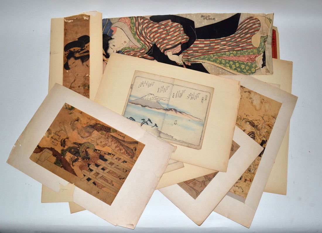 Antique and Vintage Japanese Wood Block Prints: Group of ten prints depicting various Japanese subjects including: noblewomen, temple scenes, coastal landscapes, and nature. Images from 8" x 11" to 28" x 9.5". Condition varies greatly, as a group,
