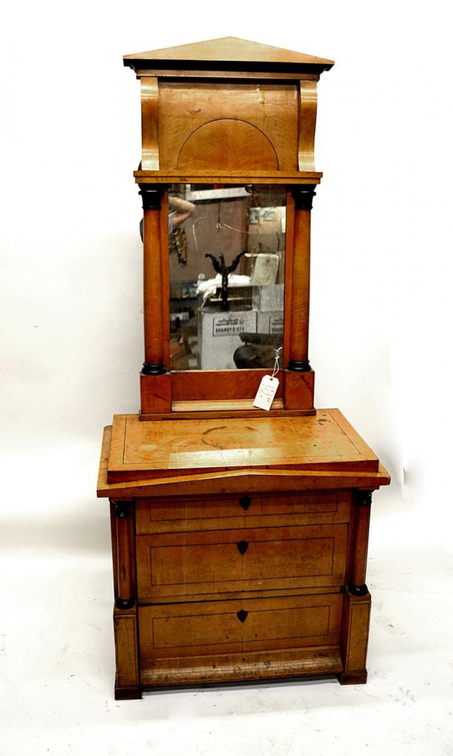 Antique Biedermeier Chest with Mirror: Antique Biedermeier chest with three drawers and column form stiles, features inlaid shield-form escutcheons, accompanied by a mirror of similar construction. Both require restoration for surface issu