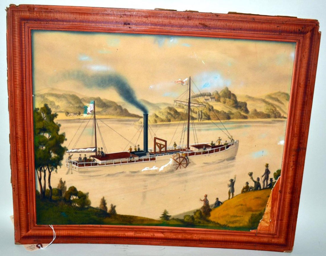 Robert Fulton's "Clermont" Steamboat -Print: 19th C. embellished print (with gouache and watercolor) depicting Robert Fulton's historic "Clermont" steamboat on the Hudson River. 17 1/8" x 21 5/8". Toning and 5.5" loss along right edge. Mounted o