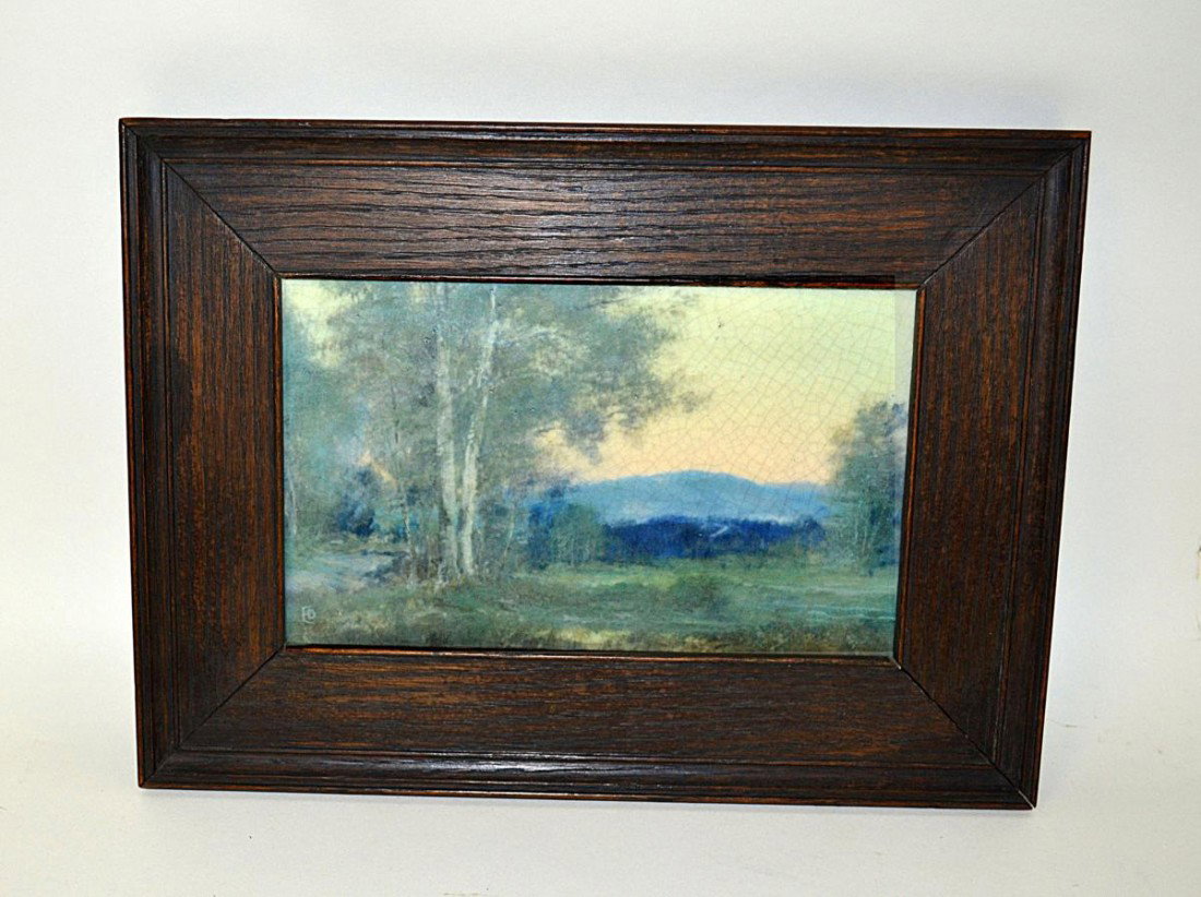 Rookwood Scenic Tile by Edward Diers: Depicting a landscape with white birch in foreground and mountains in view. Monogrammed lower left, "E.D." Having Rookwood incised mark on back. In mission oak frame 5"x8", 8.5"x11.5"