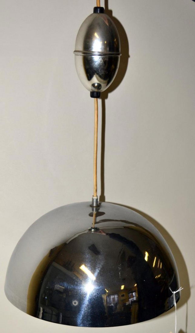 Lightolier Hanging Light Fixture: Adjustable length semi-spherical shade, marked "Lightolier". Variable Height, Adjustable, min 29", max 53". Diam 14".