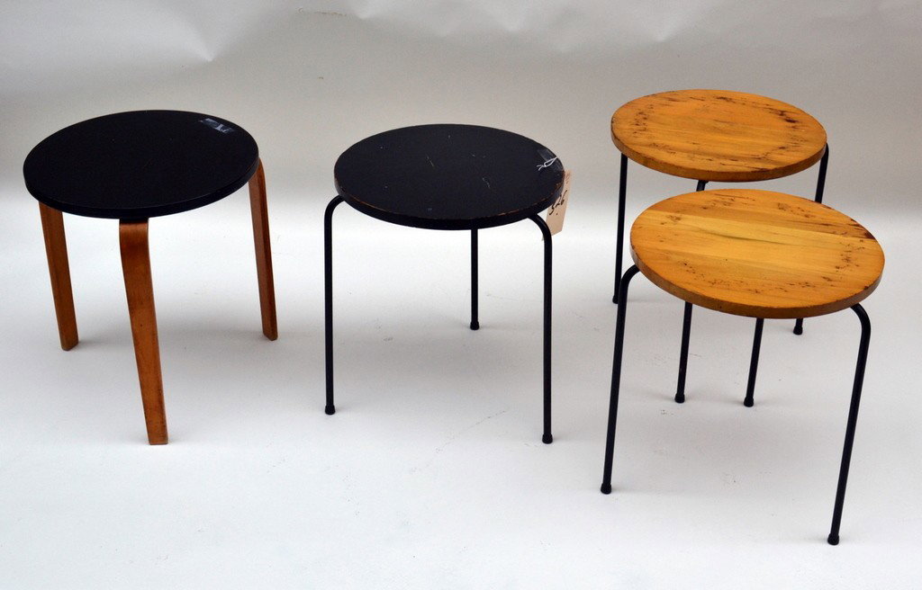 Nest of Four Tables: Consisting of a nest of three matching tables, one with a black lacquered top, together with another unrelated one. Condition is fair. Each table 14" round, 17" high.