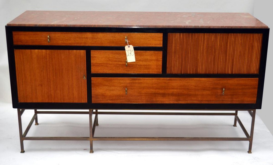 Dunbar Sideboard with Marble Top: Four rosewood drawers, one door, and a tambur slide in a lacquered case raised on a bronze geometric base. 73.25" x 23.25" x 40.5".