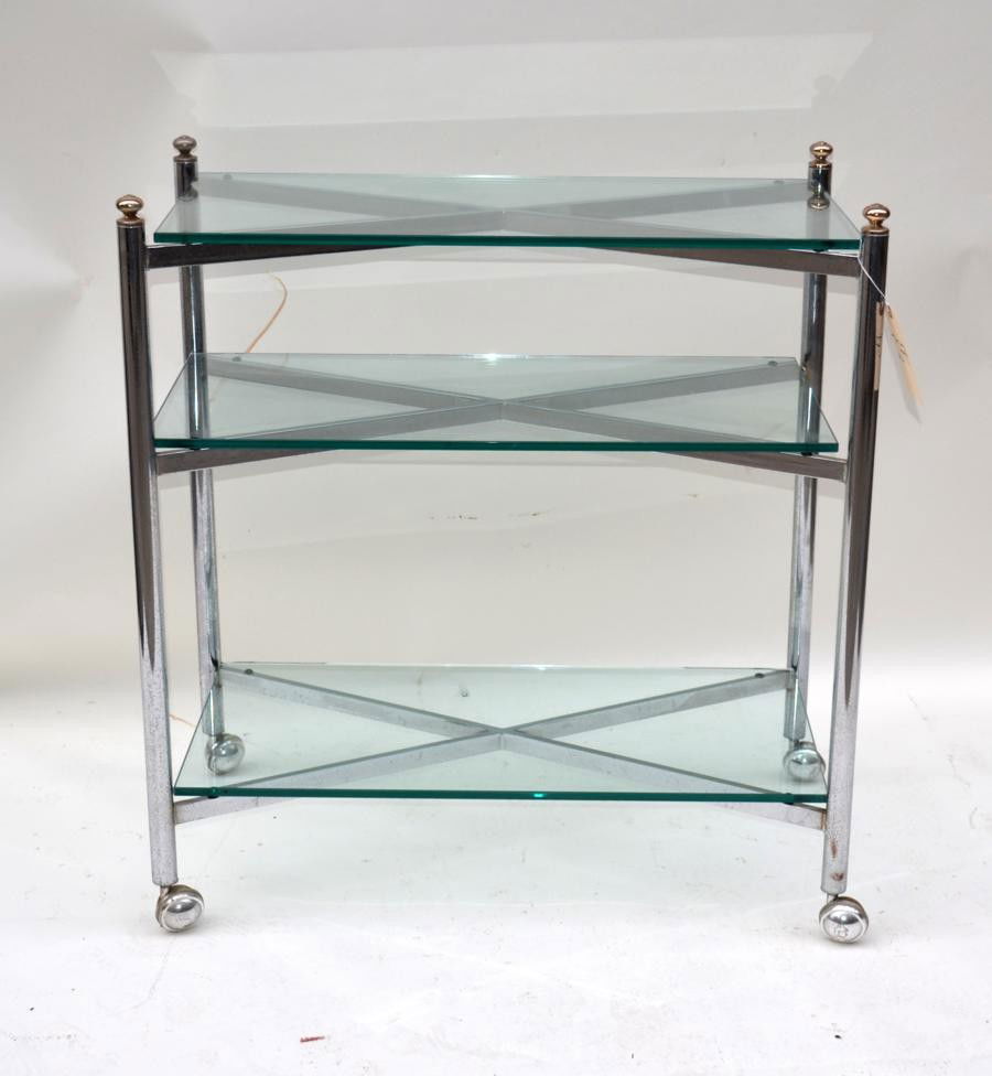 Tubular Three Tier Serving Cart: Having three glass shelves and brass finials. 34.25" x 18.5" x 36.75" (frame only).