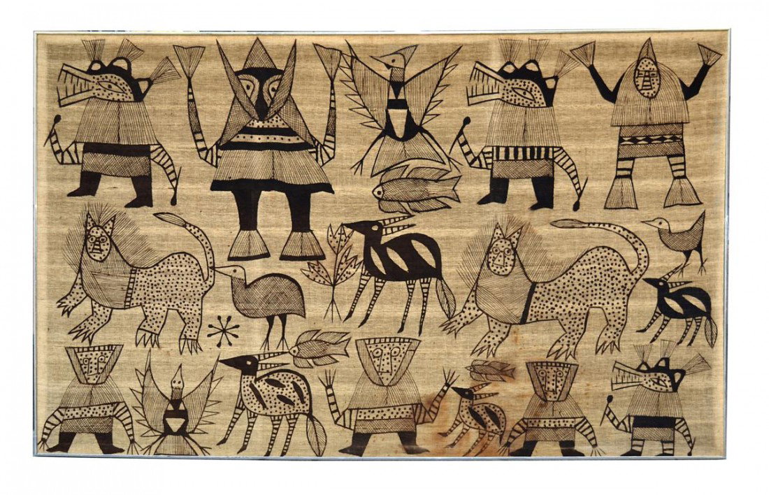 African Painted Burlap Totemic Panel: Large burlap panel depicting 18 anthropomorphic and animistic characters. 57.25"x94". Minor staining at bottom right, otherwise good condition.