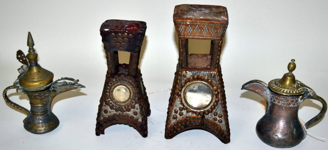 Two Middle Eastern Pedestals and Tea Pots: Matched Pair. Early pedestals having inset mirrors and inlays, and two small brass and copper pitchers. Taller pedestal: 9.75", Taller teapot 6.5"