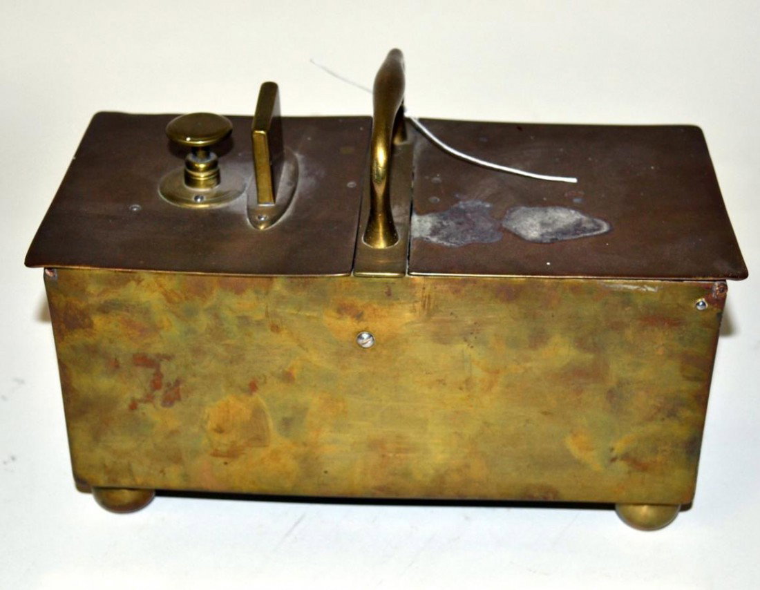 19th C. English Brass Bank: Having two compartments and a handle raised on bun feet. 10"L x 5"W x 5"H