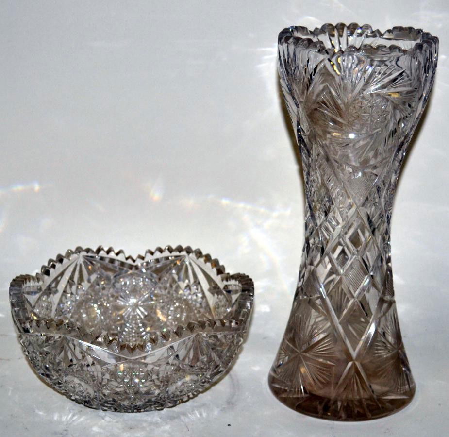Cut Glass Bowl and Vase: American Brilliant Antique Vase and Bowl. Bowl 8", Vase 12"