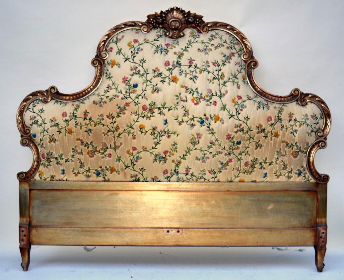 Regence Style Decorated Carved Headboard: With floral upholstery