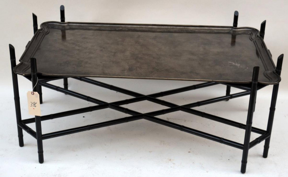 Faux Bamboo Lacquered Coffee Table: Having a brass marbilized tray with handles. 48"W x 28"D x 22"H