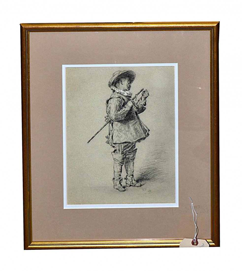 Reynolds Beal (American 1866 - 1951) Pencil Drawin: Reynolds Beal (American 1866 - 1951) Pencil on colored paper drawing depicting a cavalier with staff. Signed "R:B:/1886," in pencil, at bottom right. Image: 12 1/8" x 10 1/8". In excellent condition. 