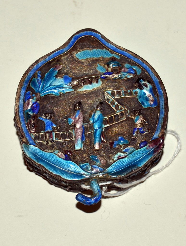 Cloisonne Enamel and Silver Compact: With scenes of Chinese life.