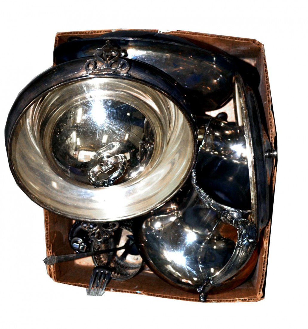 Silver Plate Platters and Serving Articles (10+): Silver Plate platters including a lazy susan and serving articles, 19.5" Dia. Comprising a covered casserole tureen, butter trays, etc. Most in good condition.