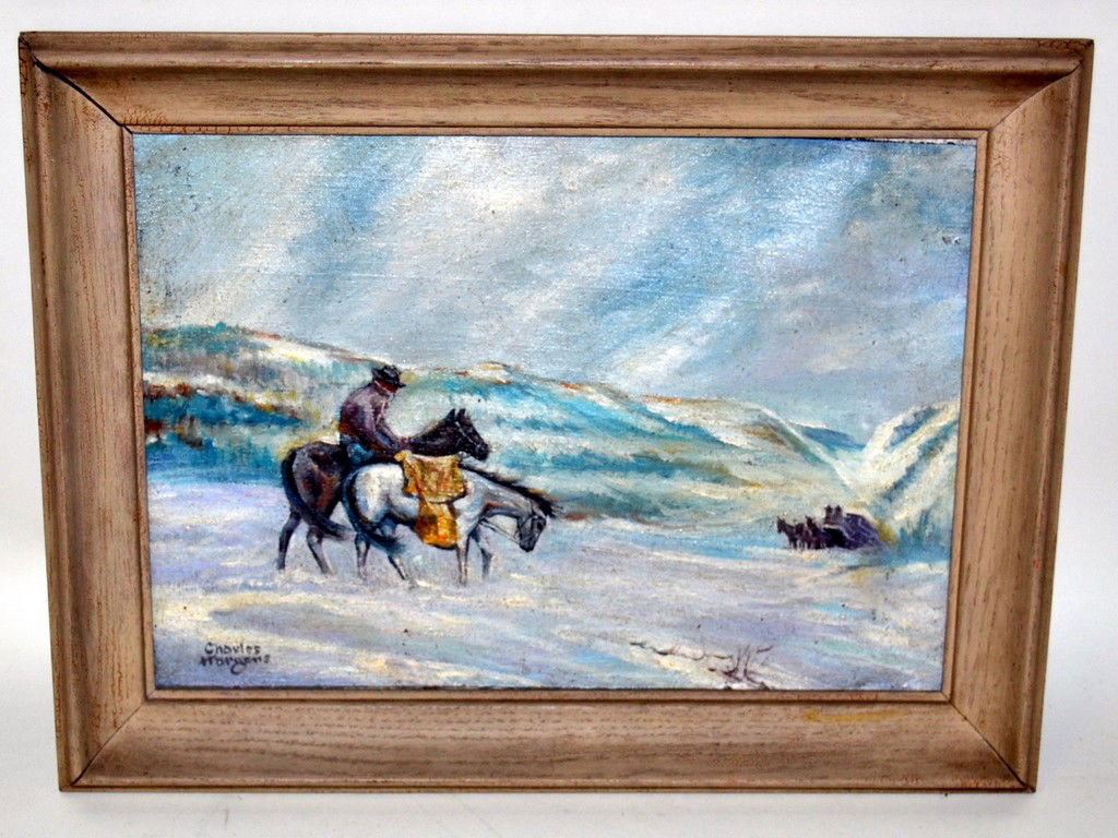 Charles Hargens Man-Horses: Oil on canvas, man on horseback with another horse in a mountain landscape. 10" x 14". Good condition