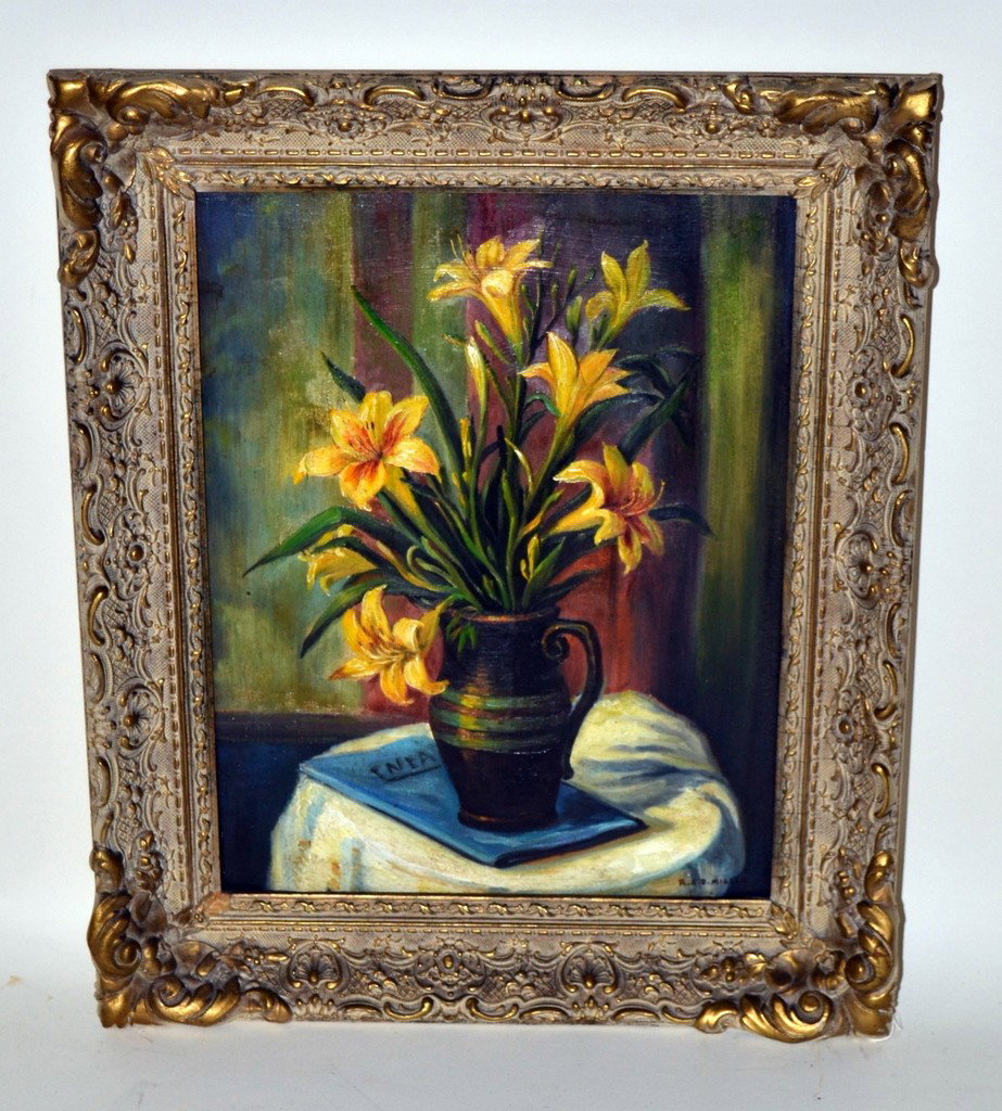 R.A.D. Miller Still Life: Oil on board, table still life signed R.A.D. Miller. Good condition. 11" x 14".