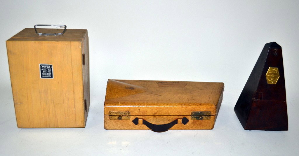 Child's Microscope, Selmer Clarinet & Metronome: Child's microscope in case by "Perfect." In working condition. Microscope: 7.75" H. Case: 8.75" H x 5.5" D x 6.5" W. With a Selmer student clarinet and Maelzel metronome, both as is.