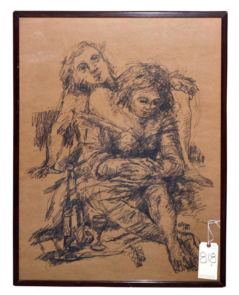 D'Avino Pen & Ink, Two Figures: Pen and ink on brown paper depicting a seated couple with one figure reclining. Signed bottom right "D'Avino/1961," Image: 34.75" x 25.5". Frame: 36" x 27".