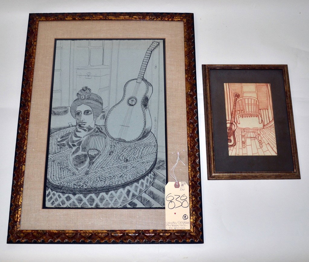 Oronzo Gesparo Pen & Ink Still-Life: Pen and ink still-life featuring a female bust, guitar, and wine bottle. Signed "Oronzo Gesparo 1955" at center right side. In very good condition. Image: 18.75" x 12", Frame: 26.25" x 19.25". With a 
