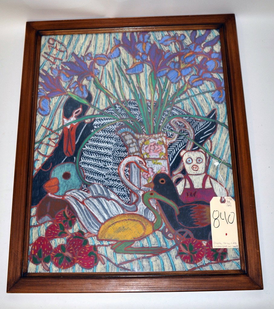 Exuberant Pastel, Still LIfe: Pastel still life depicting various birds, a stuffed animal, and a pitcher of irises. Signed vertically along left edge "E. C. W. 4-79." Image: 25" x 19", Frame: 28.75" x 23".