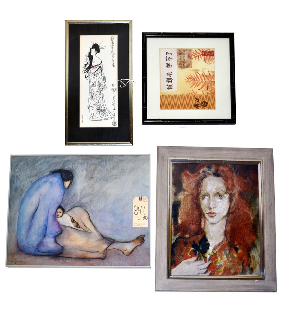 Three Prints with Pen & Ink: Pen & ink depicting a Japanese woman with exposed breast, signed bottom left "Diddie Mae." Accompanied by prints: Japanese collage, R. C. Gorman-Mother and Child, and an unsigned portrait. Largest 17.