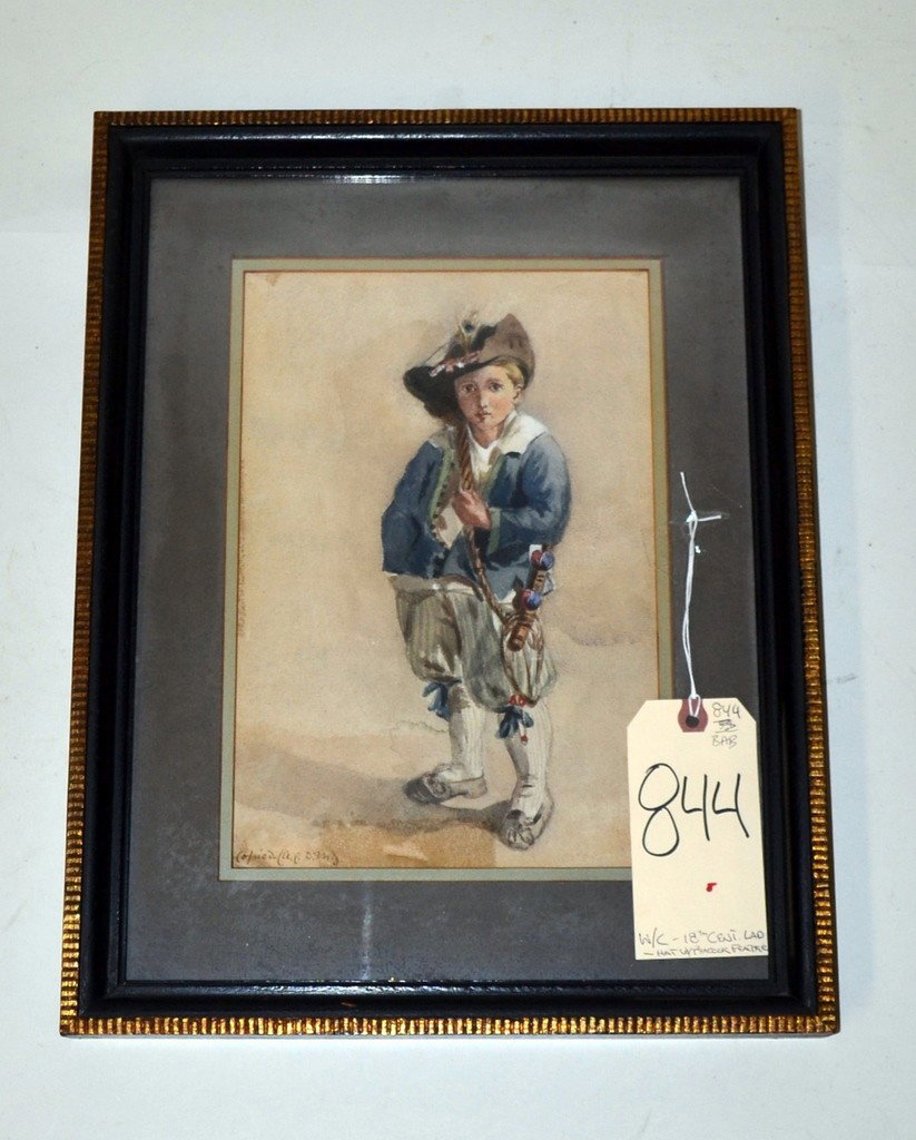 Watercolor, 18th C. Lad: Watercolor on laid paper depicting a boy in pantaloons and hat with peacock feather. Inscribed at bottom left "Copied (A.L.D.M)". Tape stains on bottom and left edges with age-toning, otherwise in goo
