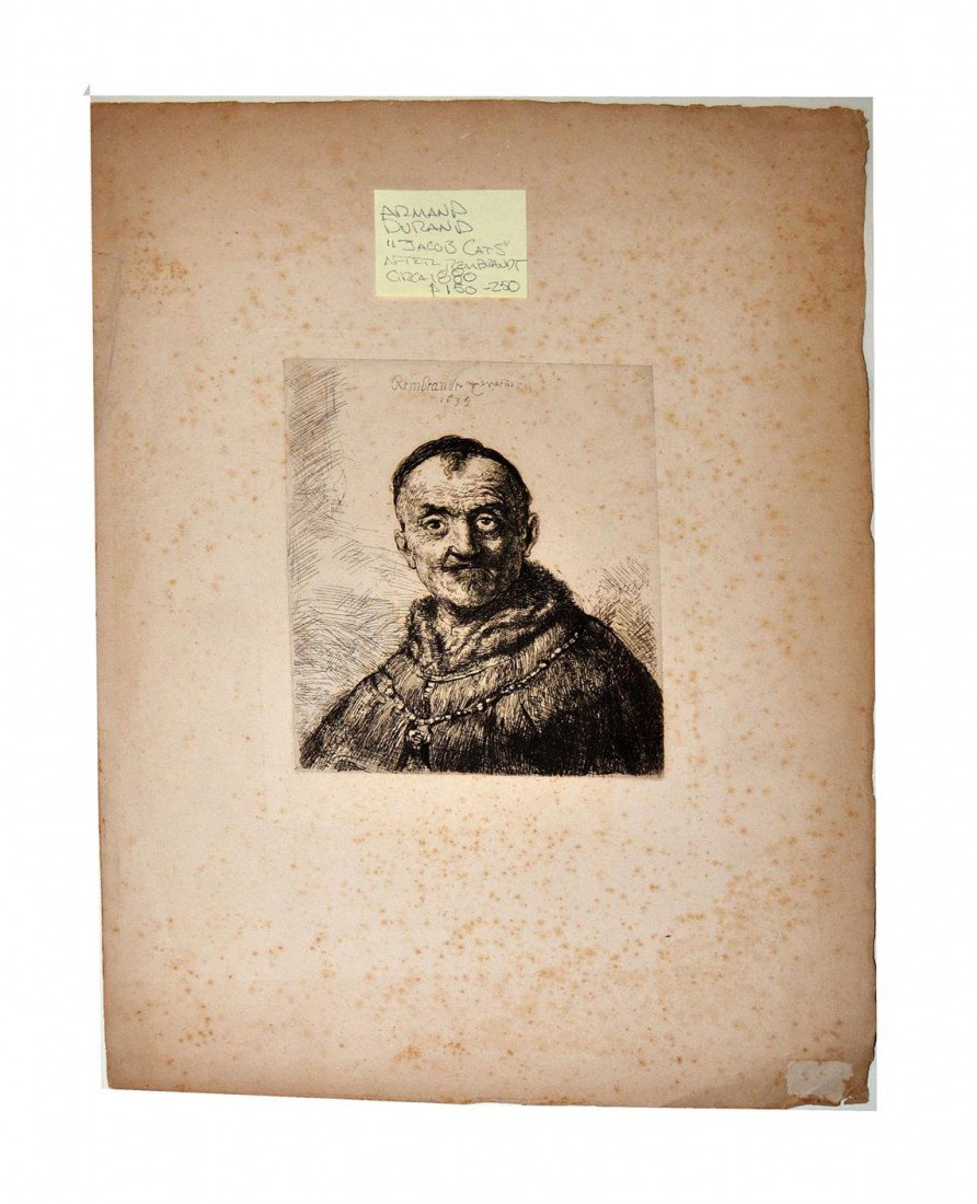 Armand Durand (After Rembrandt), "Jacob Cats": Armand Durand's 19th C. print taken from an early photomechanical reproduction of Rebrandt engraved plate. Image: 6" x 5" on sheet. 14.25" x 10.25". Uneven age toning and foxing, otherwise complete.