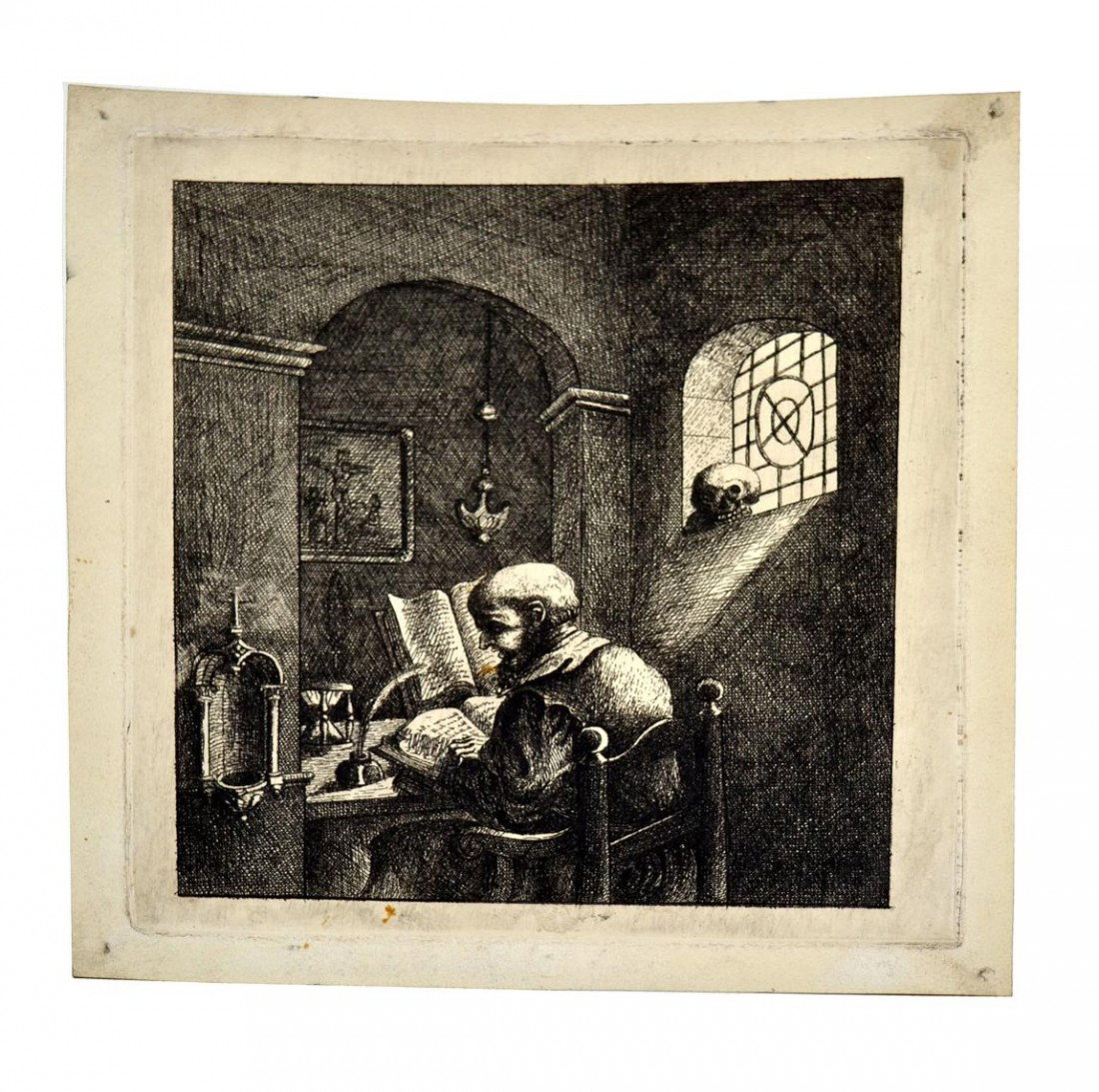 19th C. Etching, Clergy Man: Depiction of clergy man seated in study with skull on window-sill. Image: 6" x 5" on sheet: 6" x 5.5". Bears a bold plate impression. Light toning and smudges in margins with pin holes at corners.