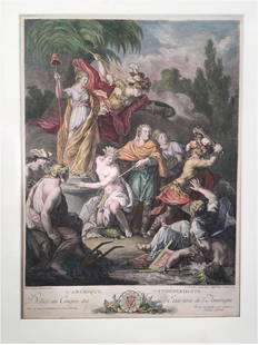 Antoine BOREL: Color Engraving by Le Vasseur: Extremely rare, original 1778 engraving titled "L'Amerique Independante; Dediee au Congres des Etats Unis de l'Amerique" [Independent America; dedicated to the Congress of the United States of America