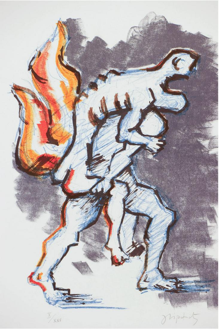 Jacques LIPCHITZ: Untitled - Lithograph, 1965: Original lithograph done in 1965, hand-signed and numbered (X/XXV) by the artist lower right, printed on Waterleaf paper.Lipchitz made the lithograph for "Flight", a deluxe portfolio of 12 original li