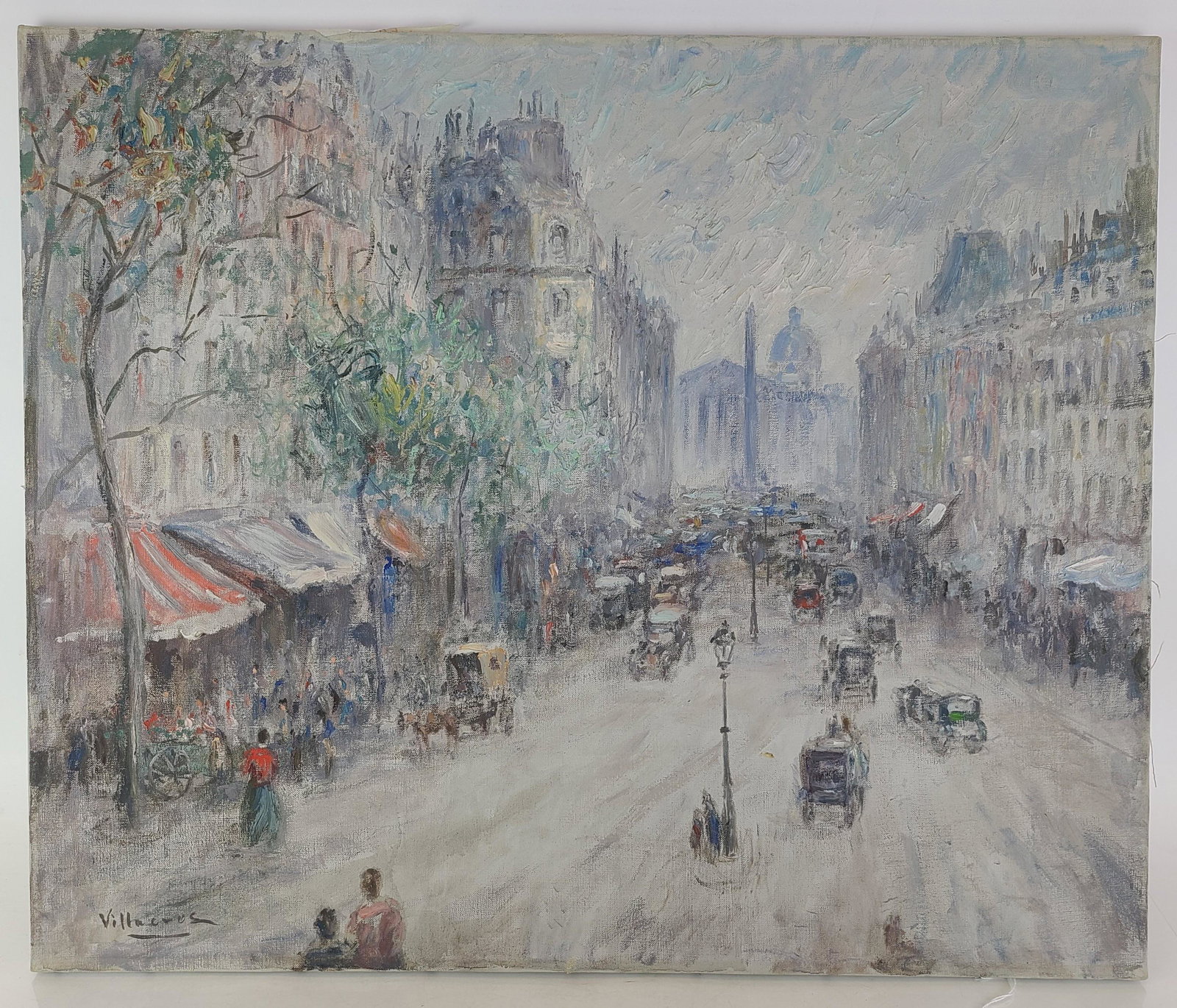 Cesar VILLACRES: Street Scene - Oil Painting: 20th century Impressionist oil painting of a Paris street scene, titled "Rue Royale", depicting 1930s cars, horses and buggies. Signed "Cesar Villacres" (Ecuadorian, 1880-1941). Provenance: Phyllis Lu
